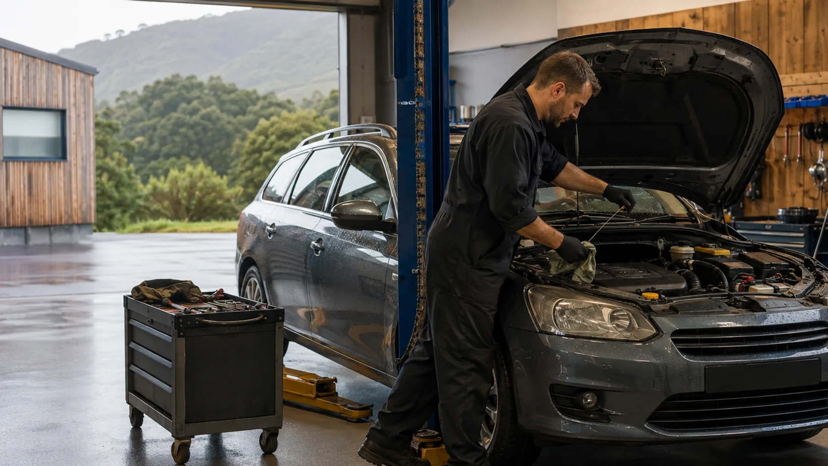 A mechanic working under a car in a workshop bay in New Zealand