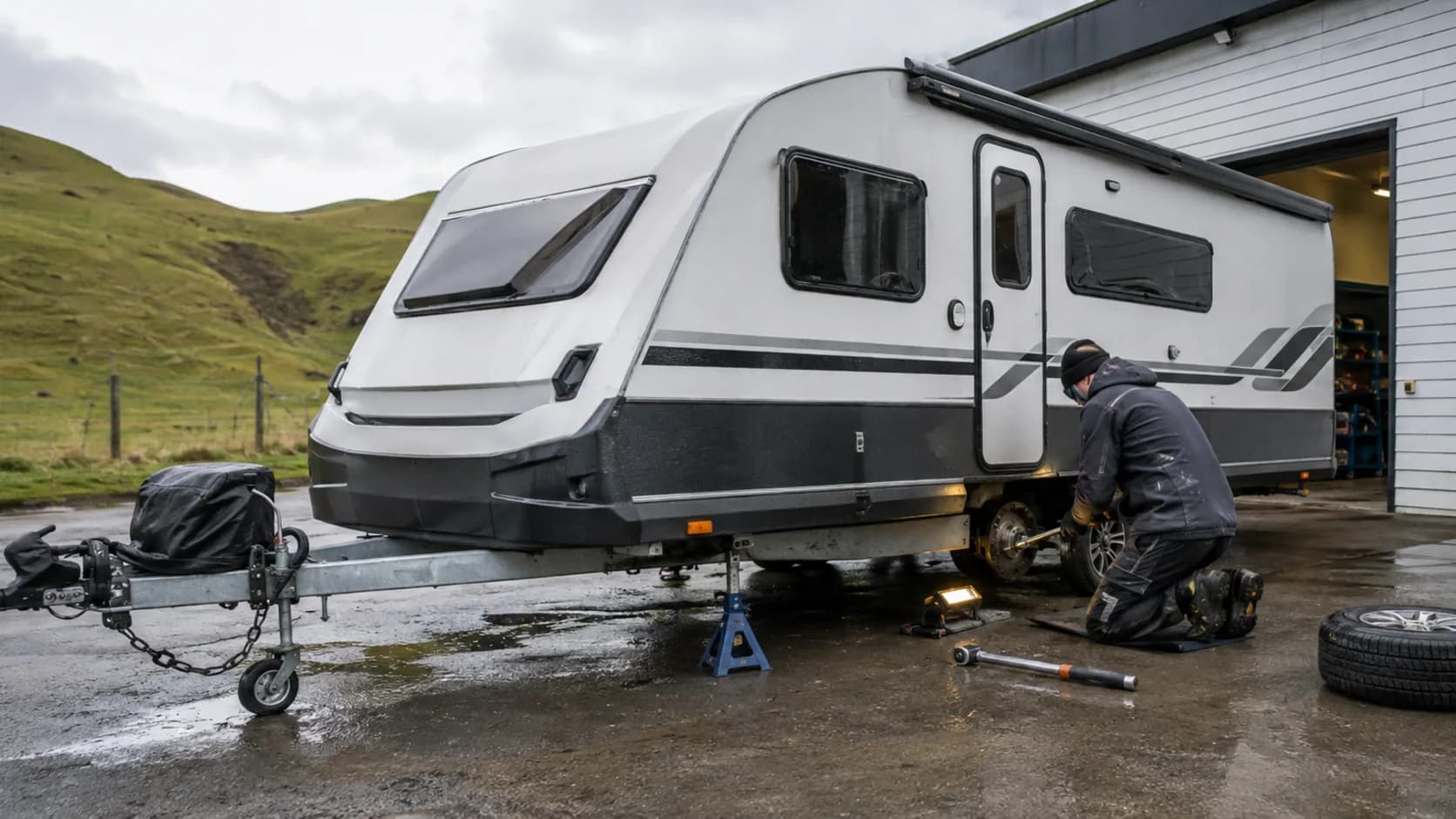 A caravan up on stands in a service workshop in New Zealand