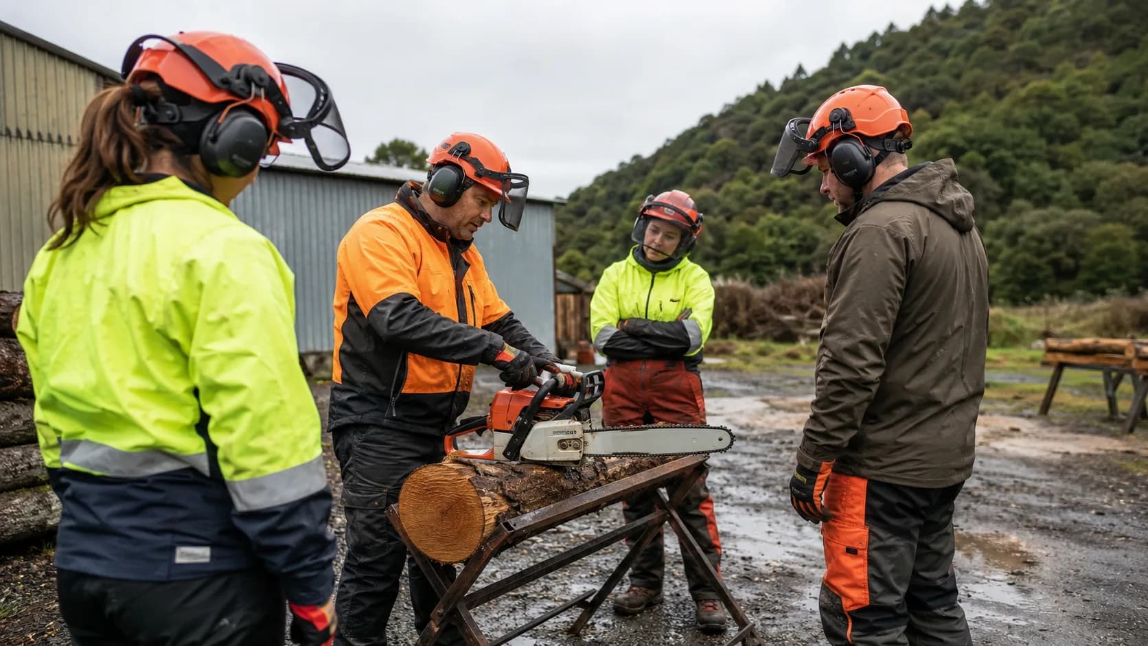 Trainer checks protective equipment beside a supervised chainsaw practice station in New Zealand