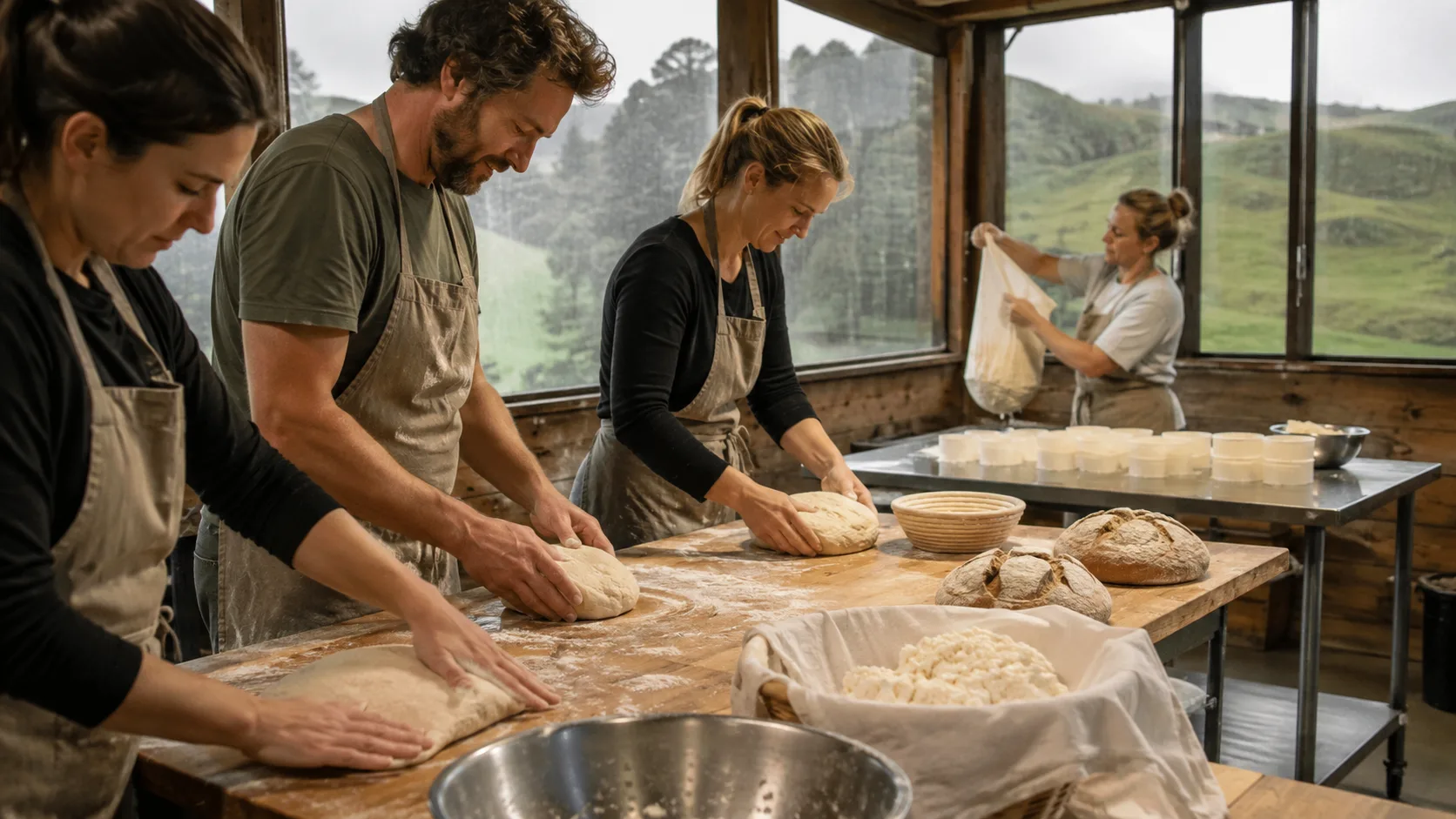 A food tutor guides learners shaping sourdough and making fresh cheese in New Zealand