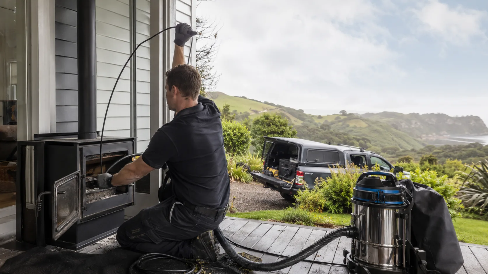 A chimney sweep brushing a flue in New Zealand