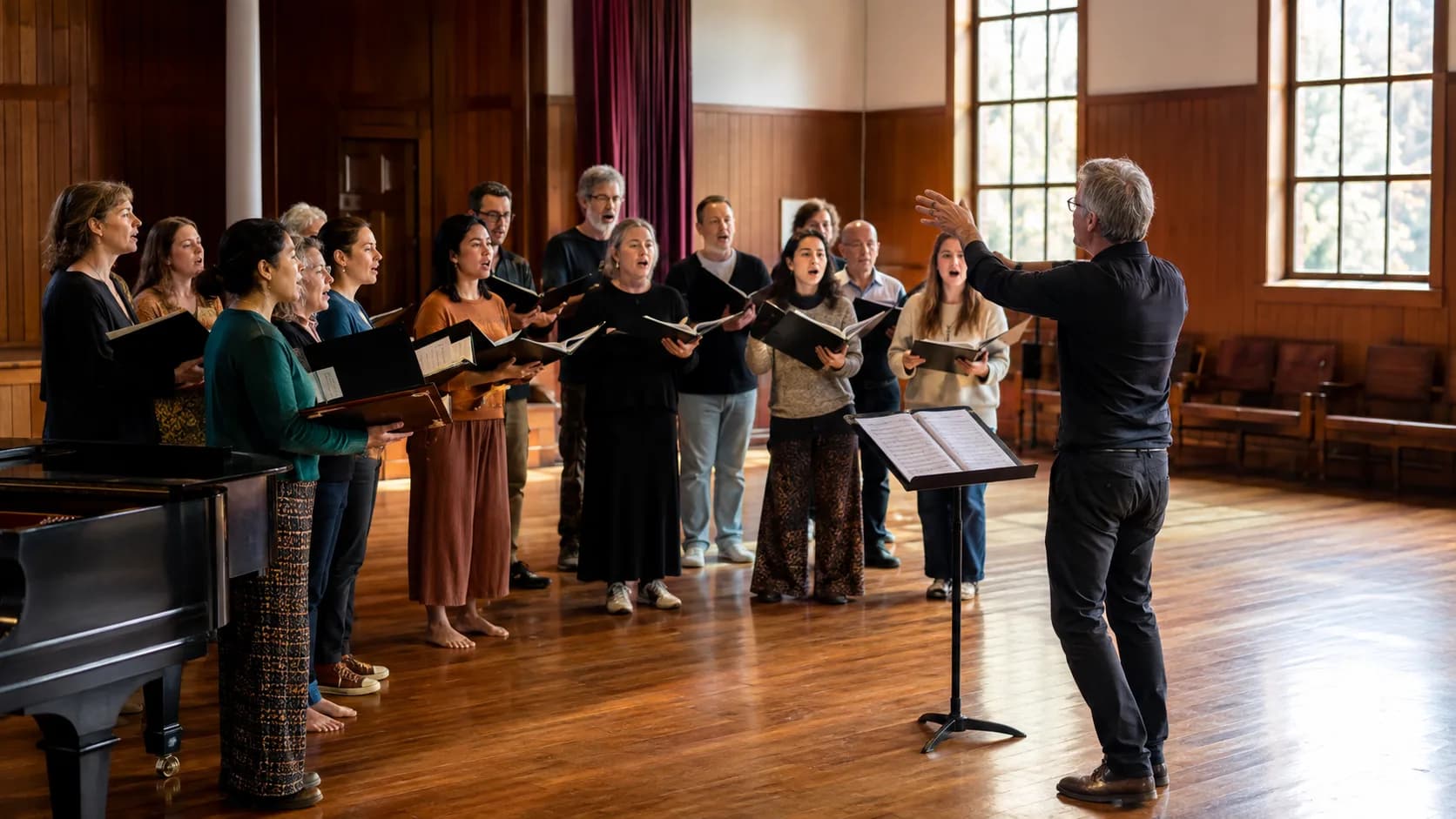 Vocal group rehearsing with a conductor in a New Zealand town hall