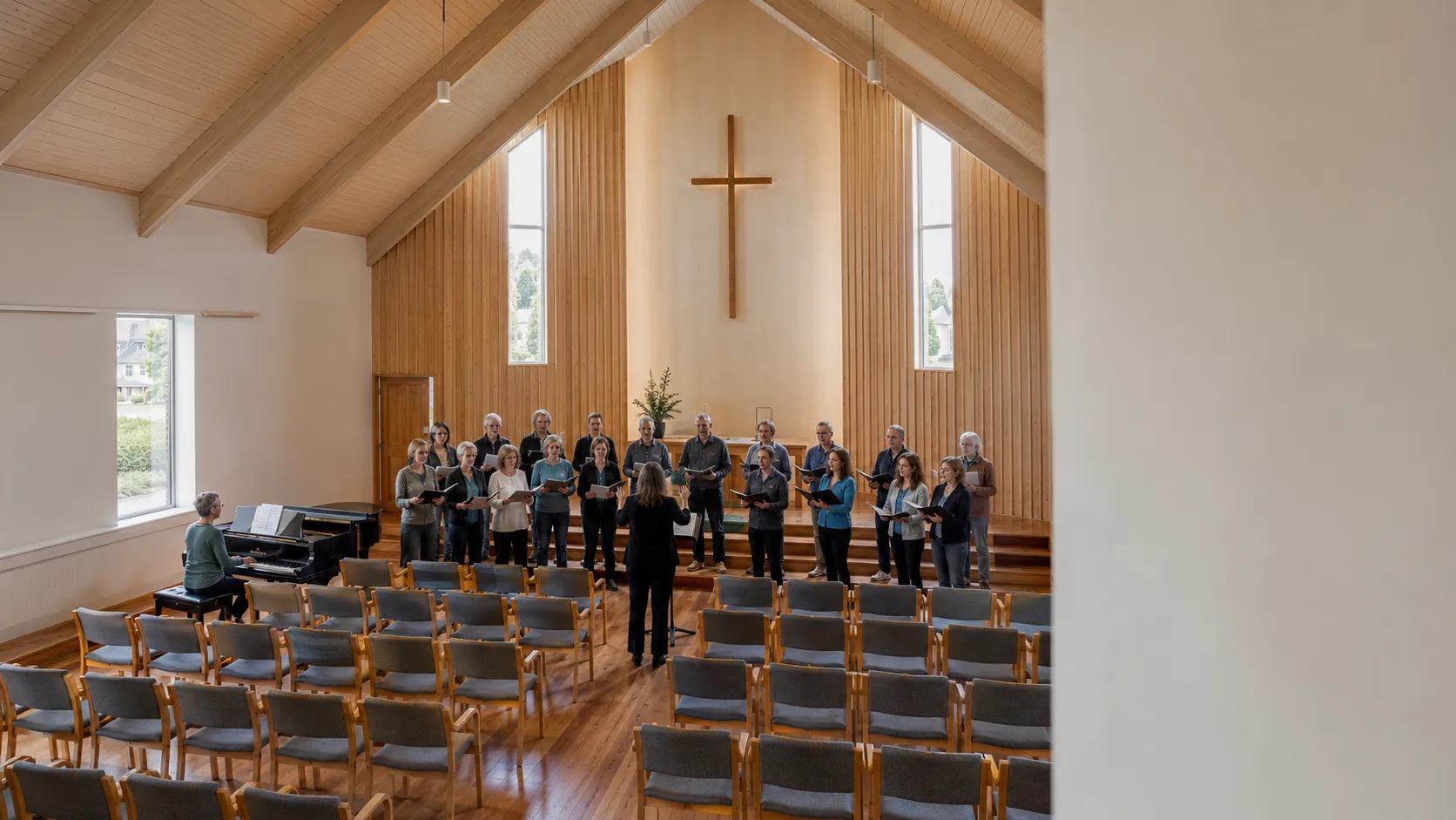 A choir rehearses inside a timber church beneath green hills