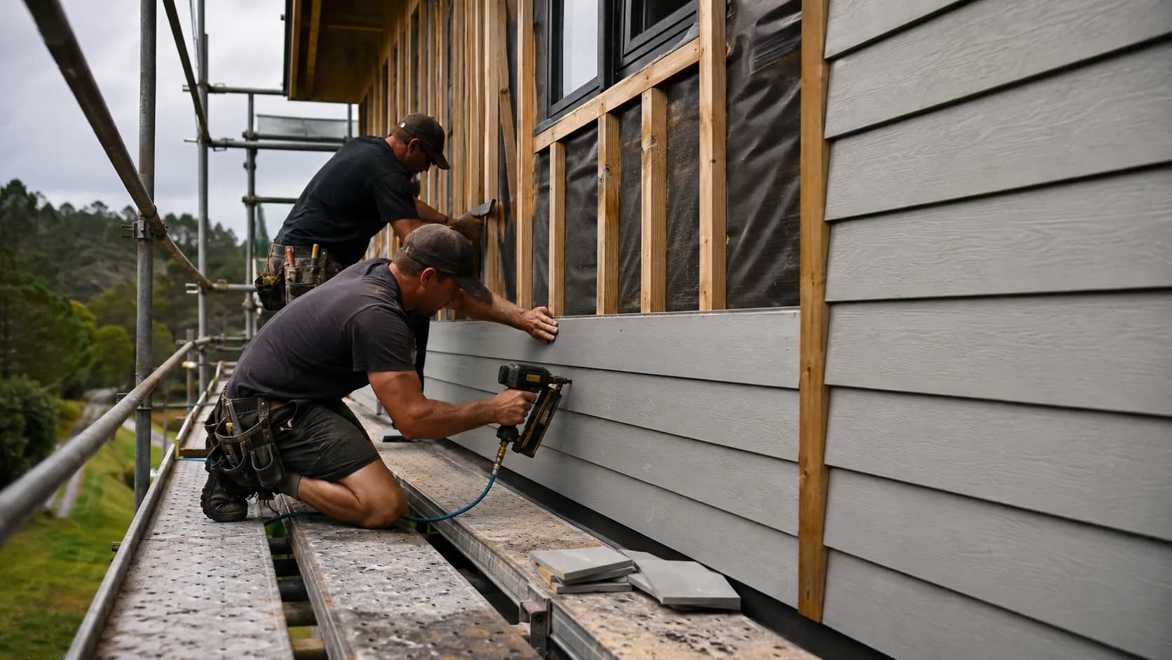 Installers hanging cladding boards on a house in New Zealand