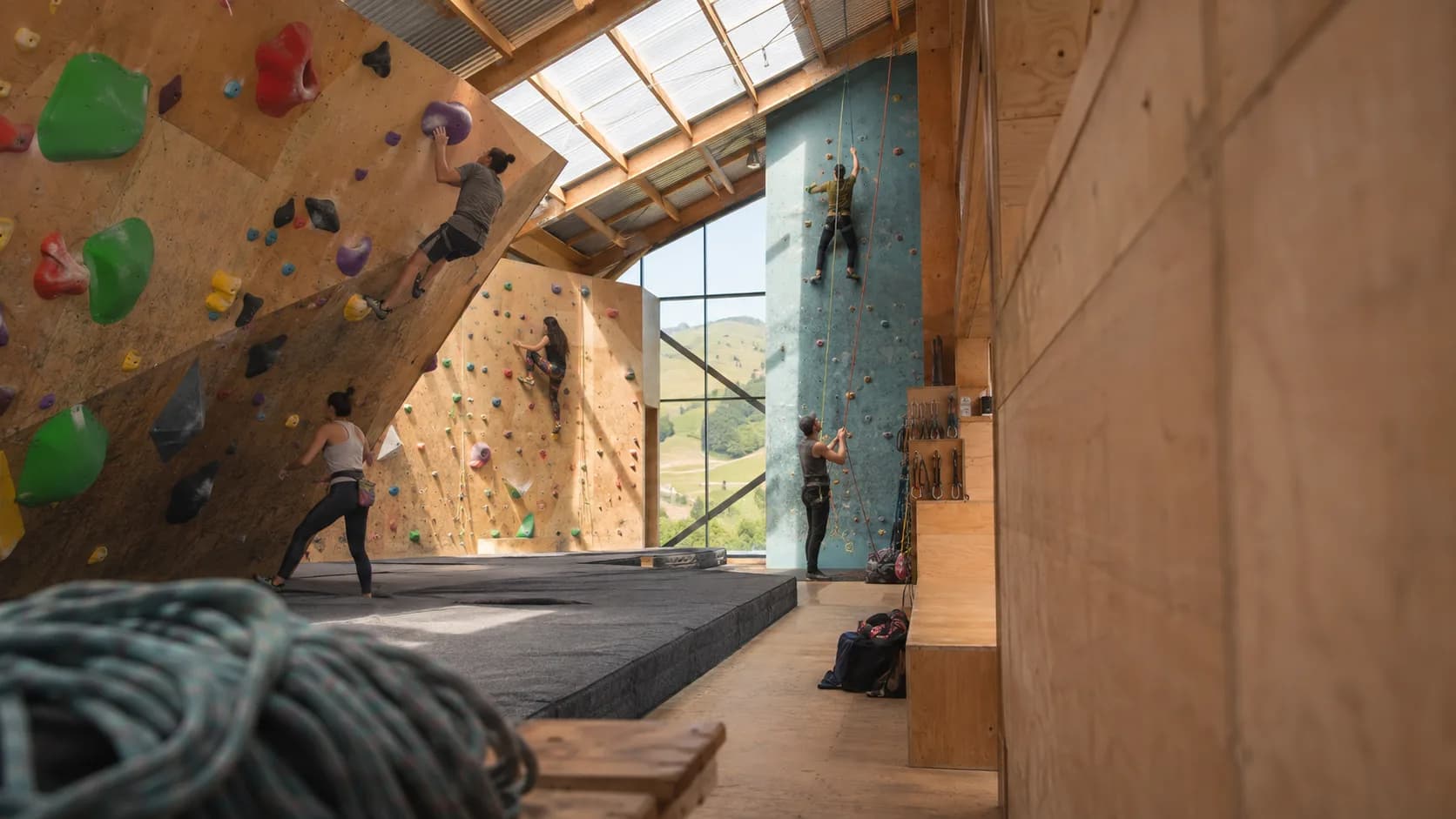 Young climbers train beside timber walls at a New Zealand climbing centre
