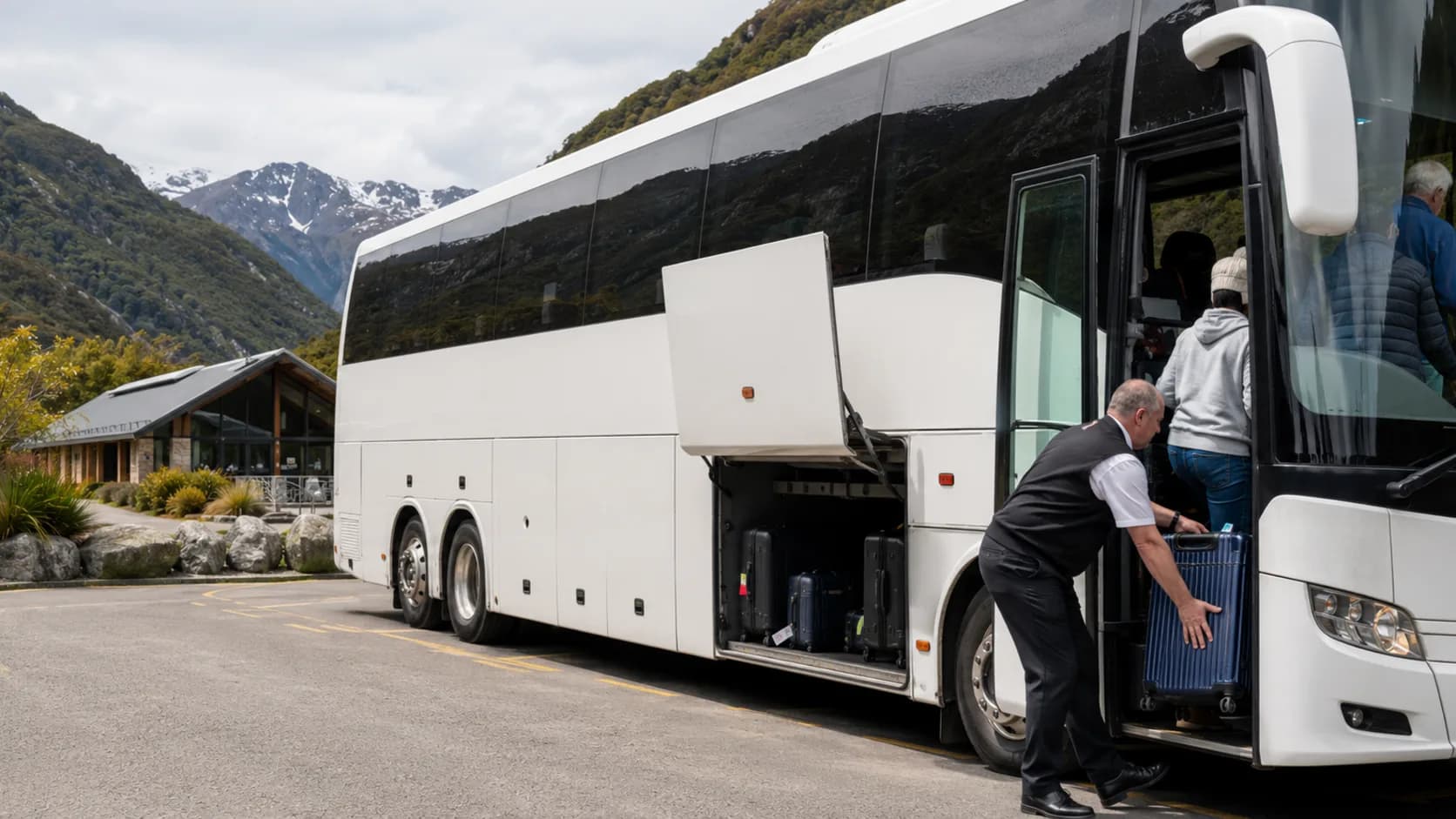 A charter coach parked at a New Zealand lakeside stop with its luggage bays open