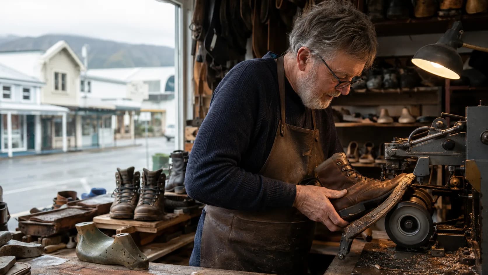 A cobbler stitching a sole at the bench of a shoe repair shop in New Zealand