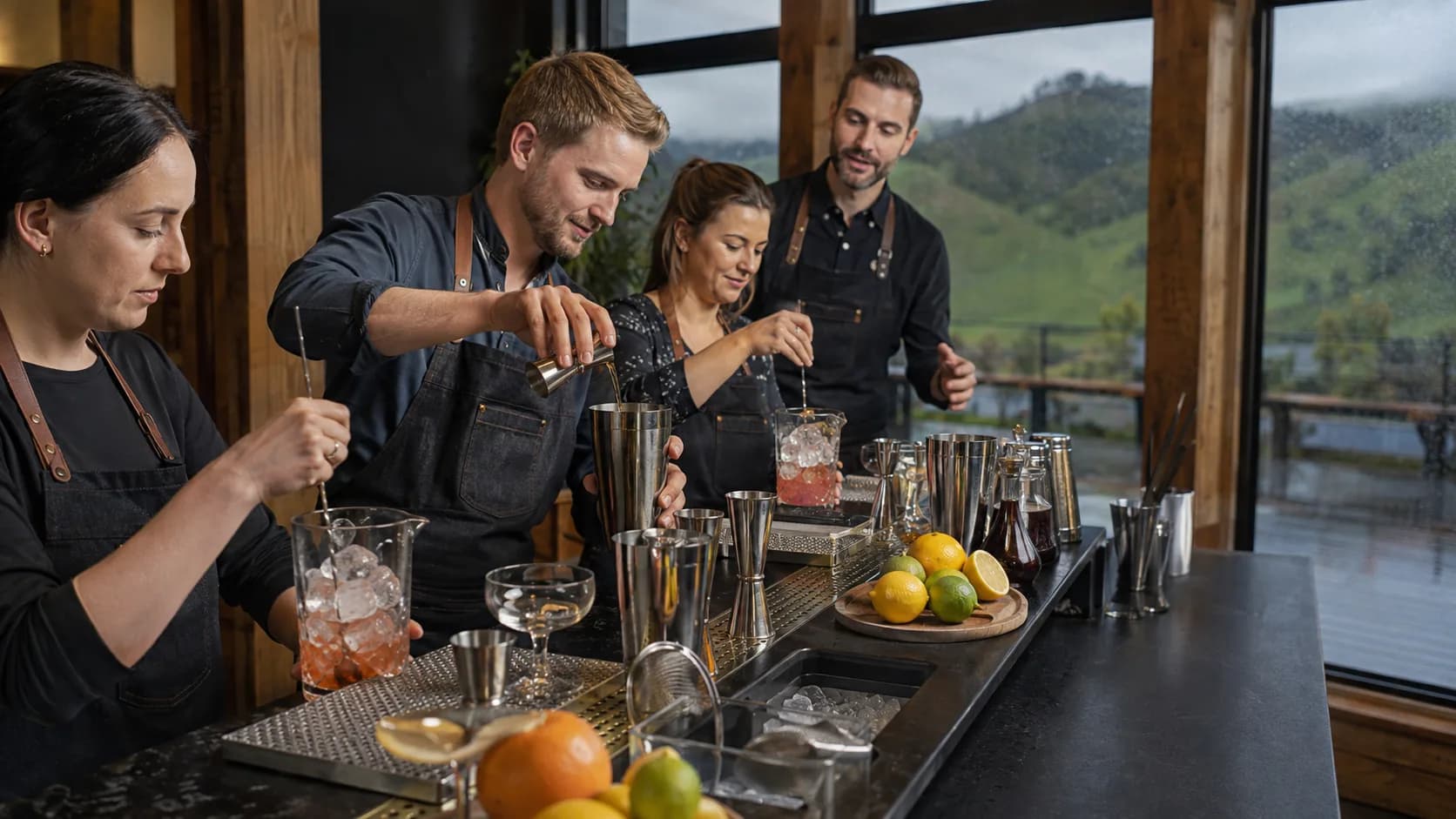 Over a tutor’s shoulder at a timber bar station in New Zealand, a guest straining a drink into a coupe