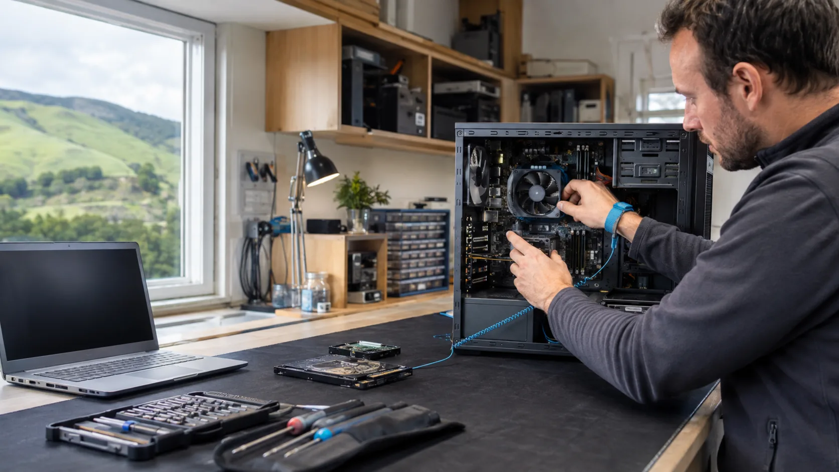 A technician working on an opened laptop at a repair bench in New Zealand