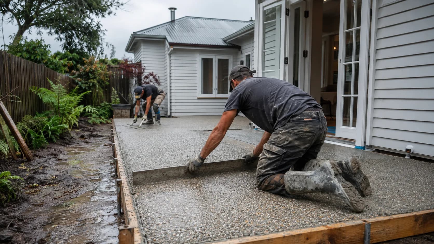 A concreter finishing a fresh slab in New Zealand