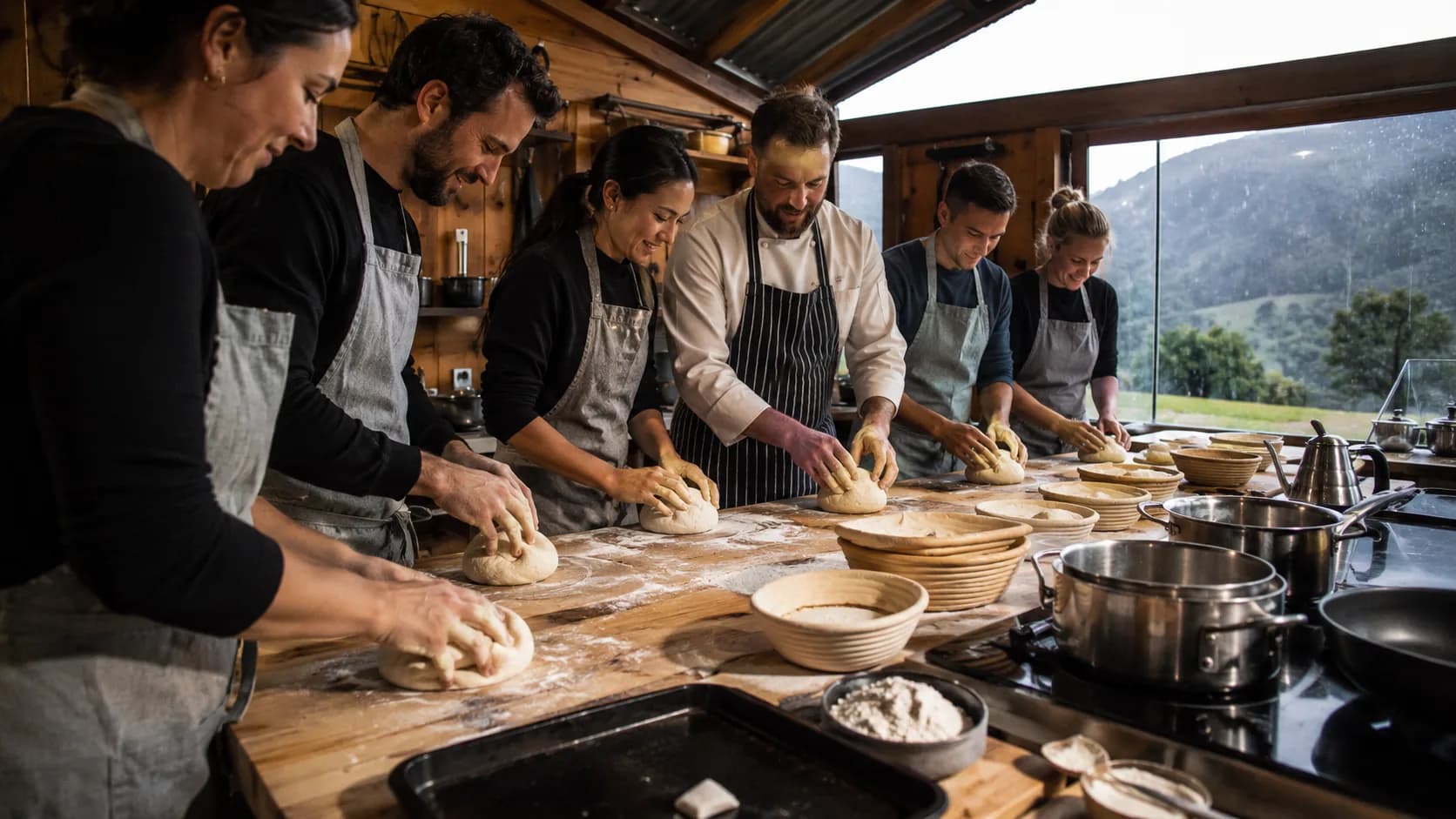 A chef tutor guides participants through a hands-on cooking workshop in New Zealand