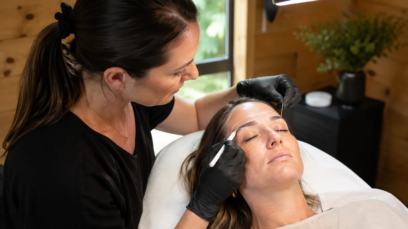 Cosmetic tattoo artist mapping a client’s brows inside a timber-lined studio in New Zealand