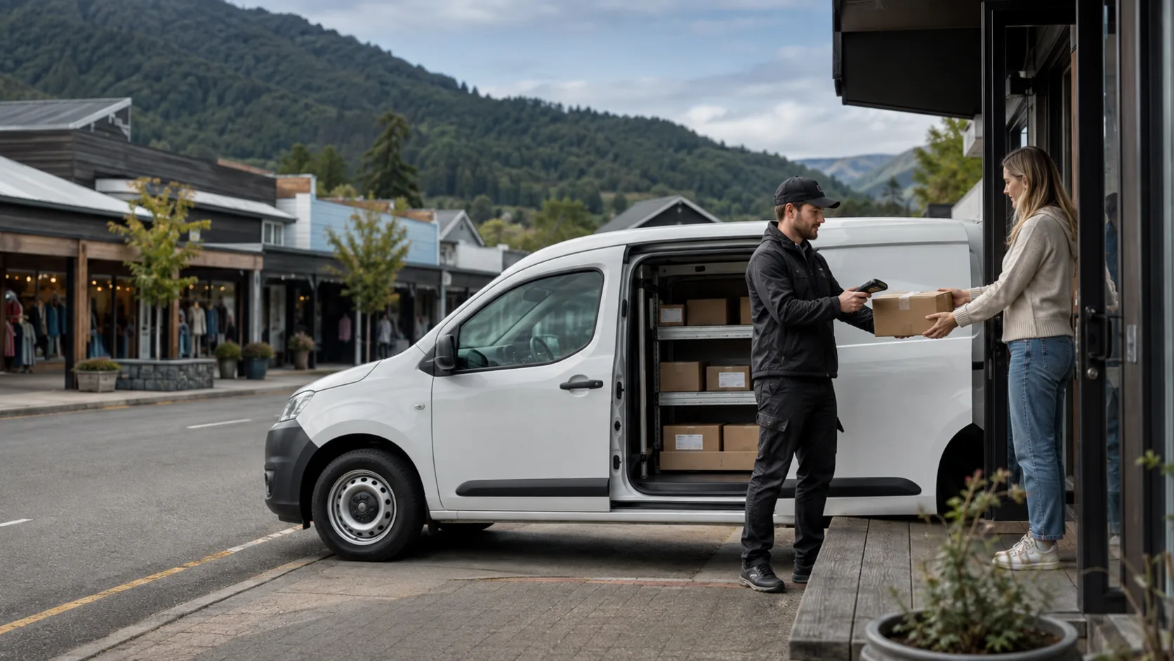 A driver loads a pallet into a tail-lift van on a New Zealand industrial street