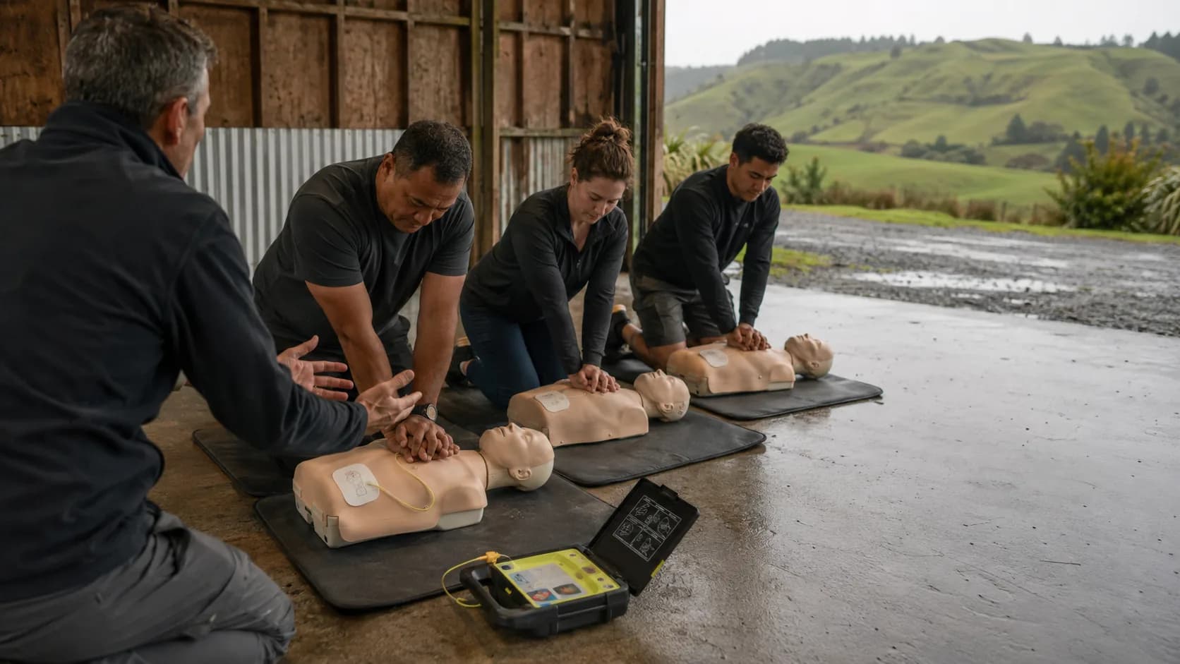 Trainees practise chest compressions on manikins during a CPR refresher session in New Zealand