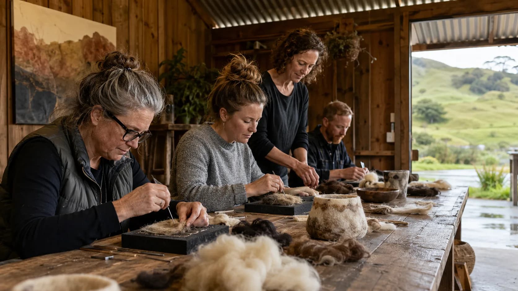 Adults working with natural fibres in a New Zealand craft studio