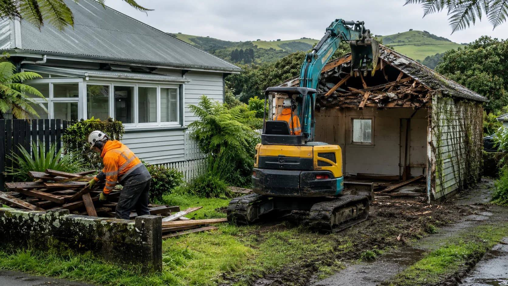 An excavator taking down a detached garage in New Zealand
