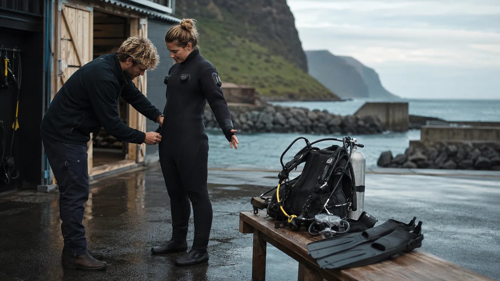 Operator fitting dive equipment inside a coastal shop in New Zealand