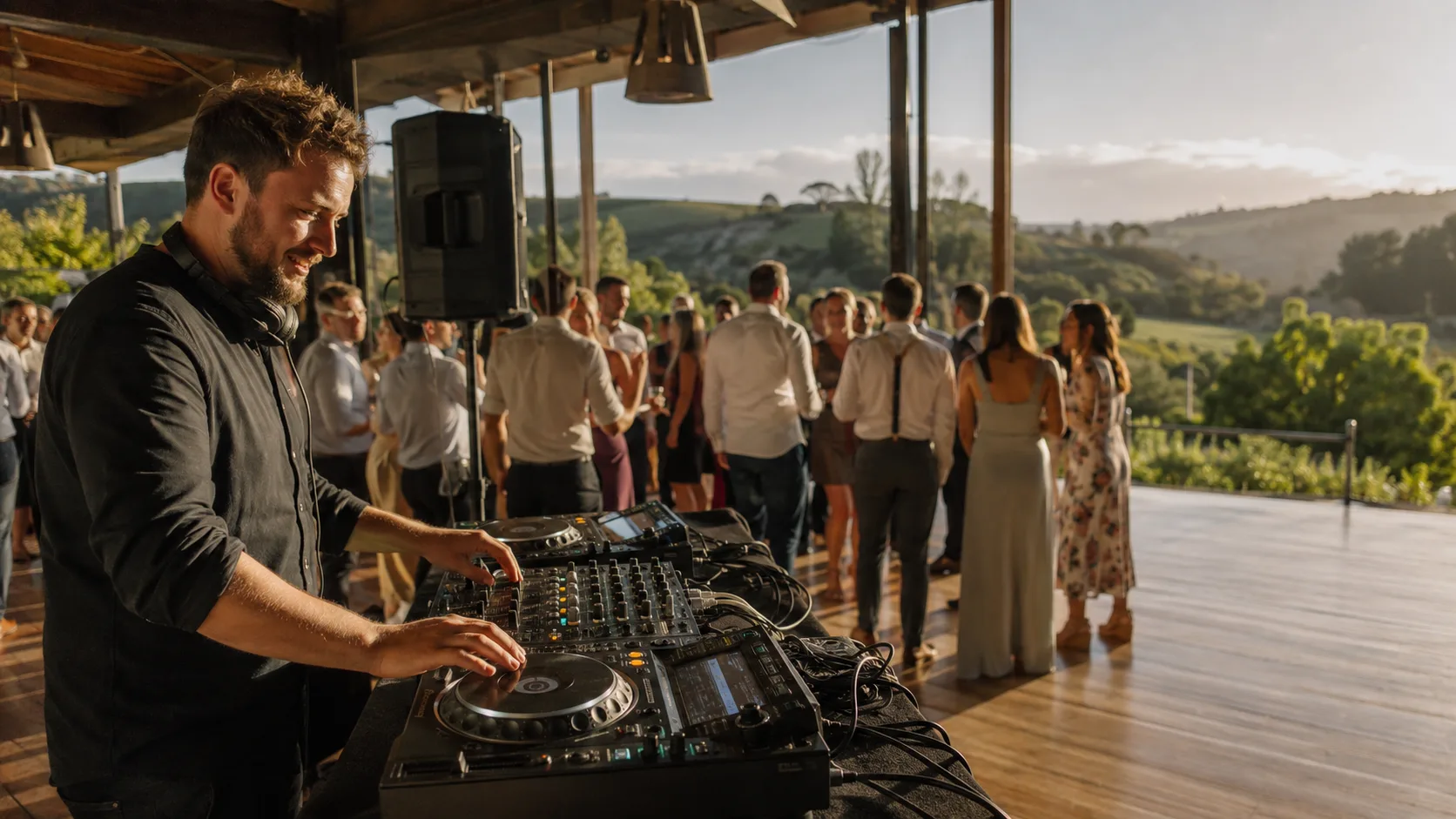 Professional DJ mixing beside a busy wedding dance floor in New Zealand