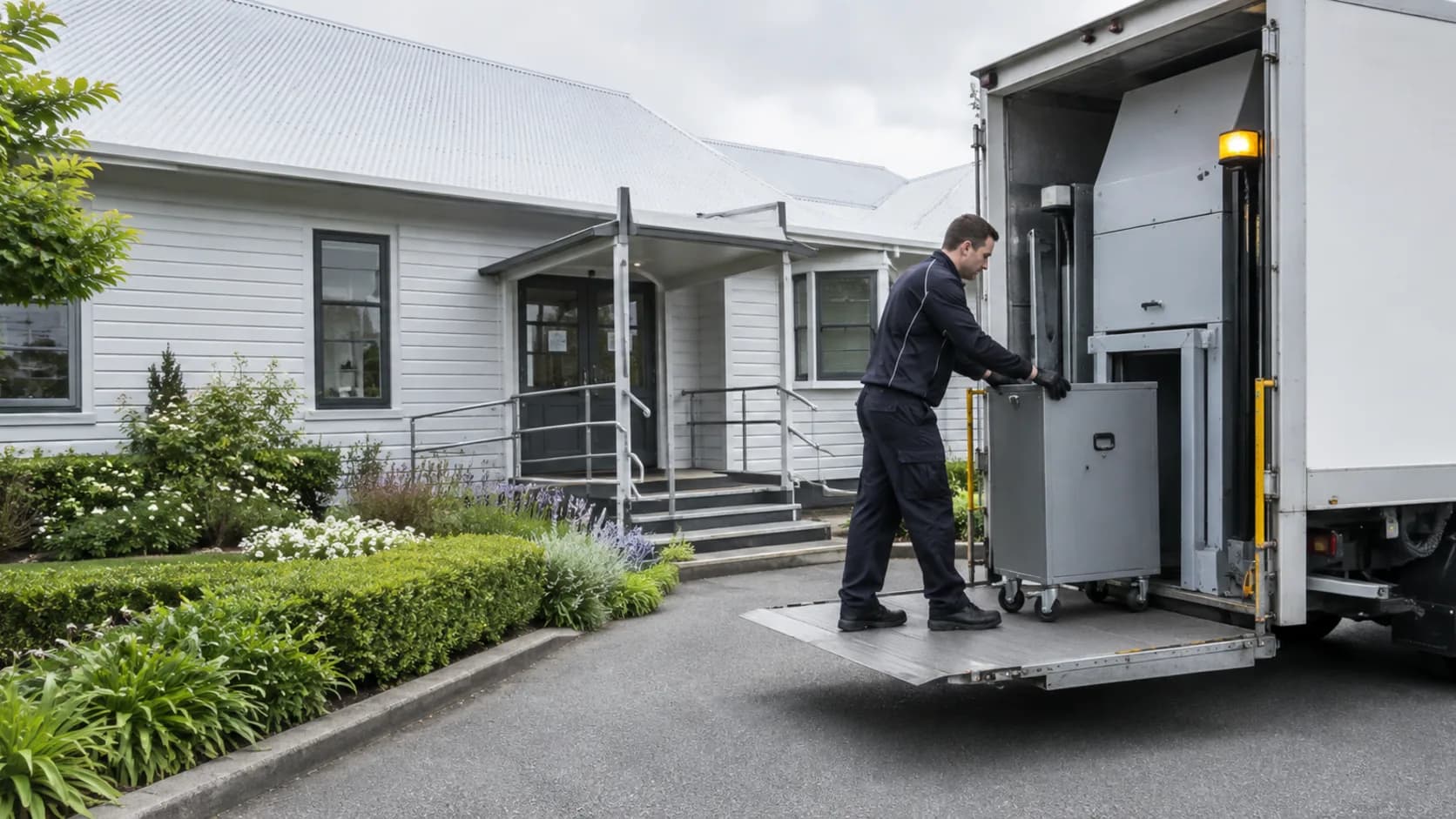 A mobile shredding truck working an office building in New Zealand
