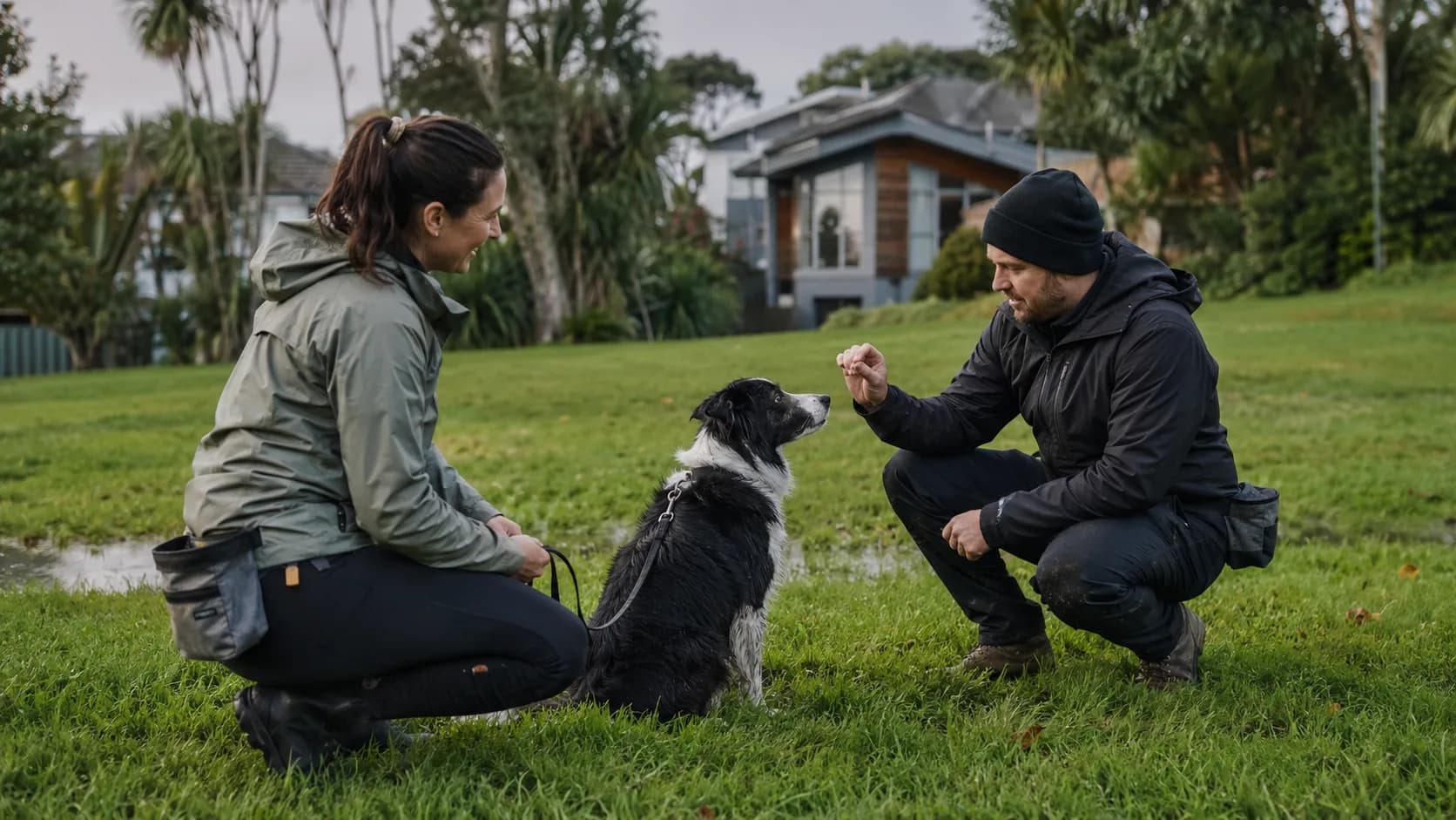 A dog trainer working with a dog in a park in New Zealand