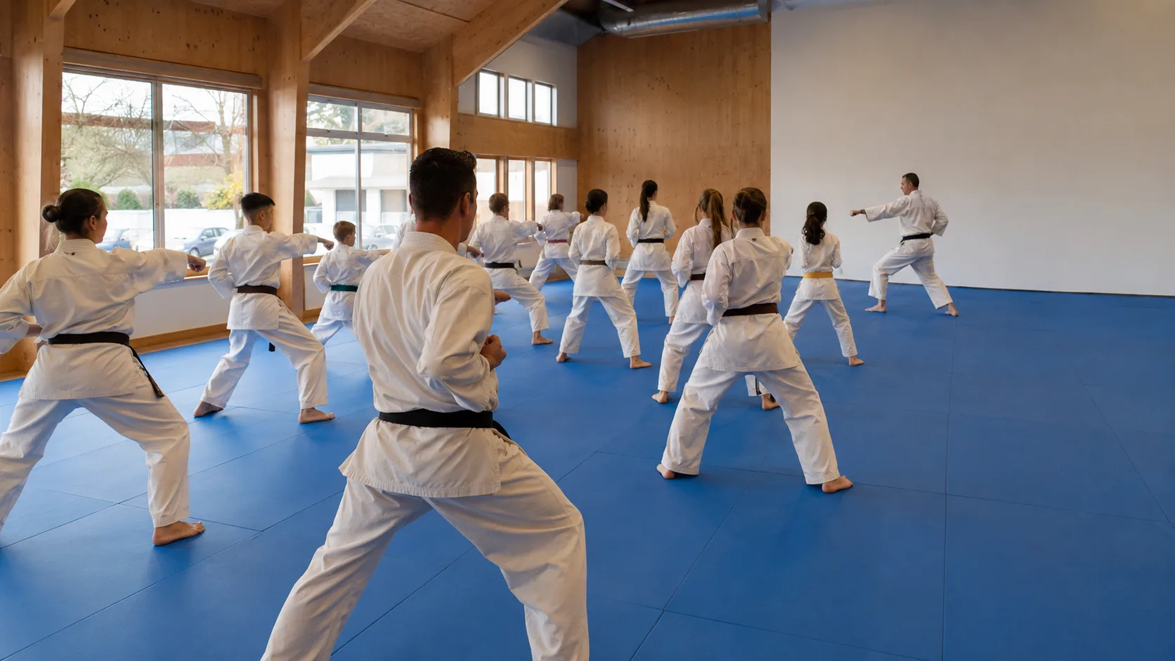 Students practise martial arts inside a timber dojo in New Zealand