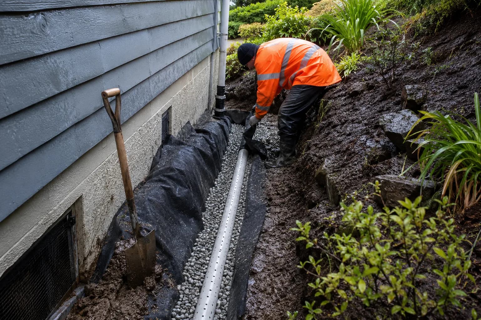 A drainage contractor feeding a jetting hose into a chamber in New Zealand