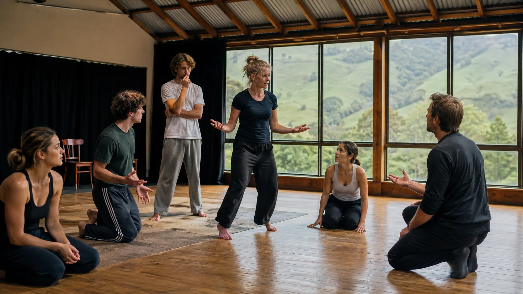 Young performers rehearsing together in a New Zealand arts studio