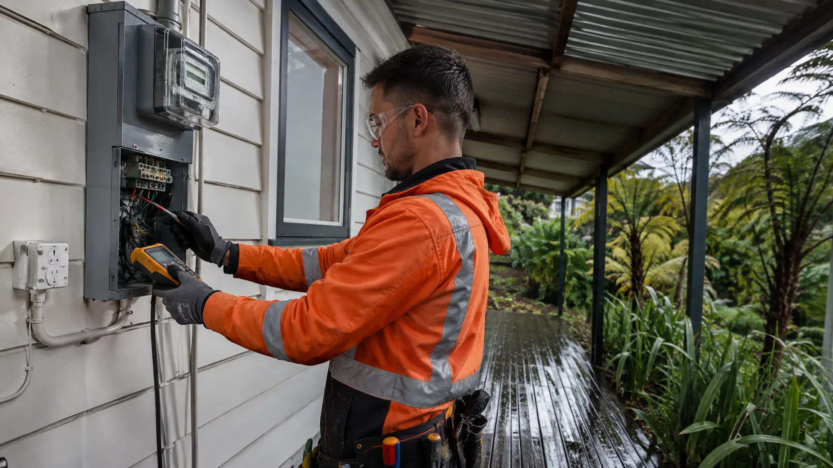 An electrician at work in a bright modern home in New Zealand