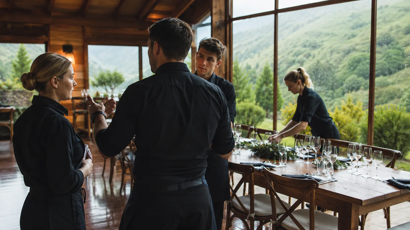 New Zealand event supervisor briefing staff inside a rainy timber lodge