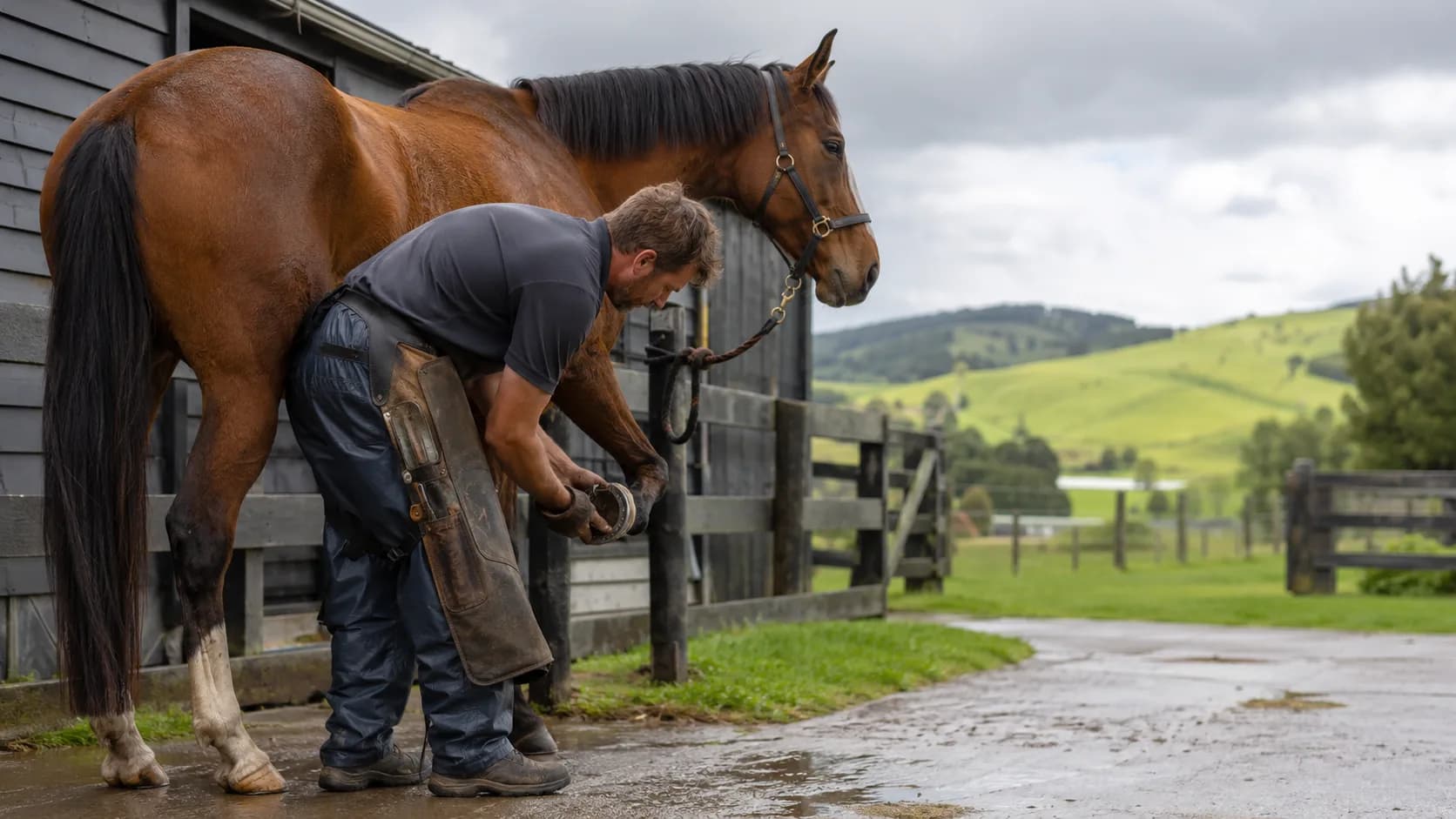 A farrier trims a hoof beside a fence on a green New Zealand farm