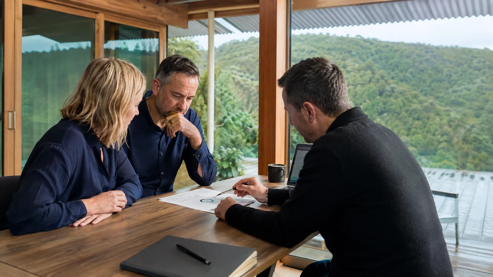A financial adviser holds a planning review with a client in New Zealand