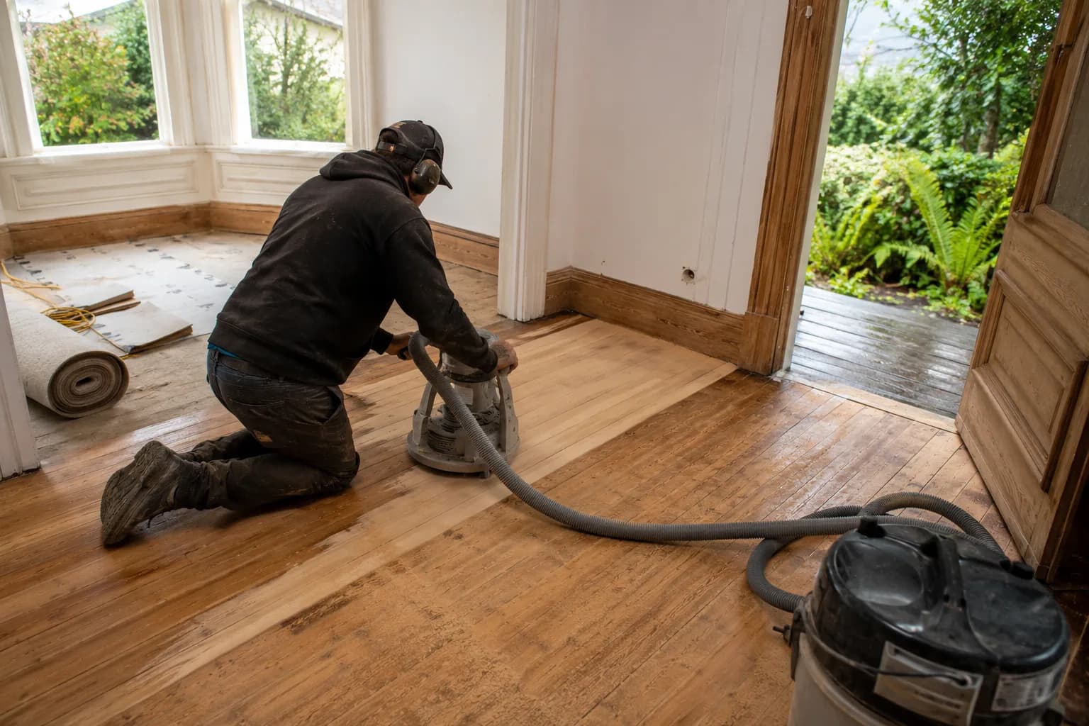 A floorlayer laying a timber floor in New Zealand