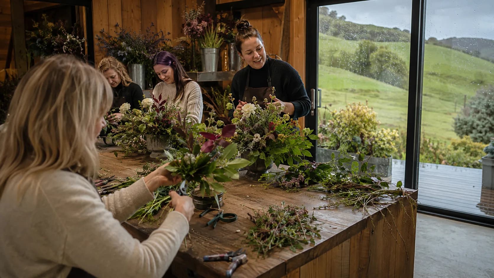 A tutor leaning over a timber bench of hydrangeas and buckets in a New Zealand studio