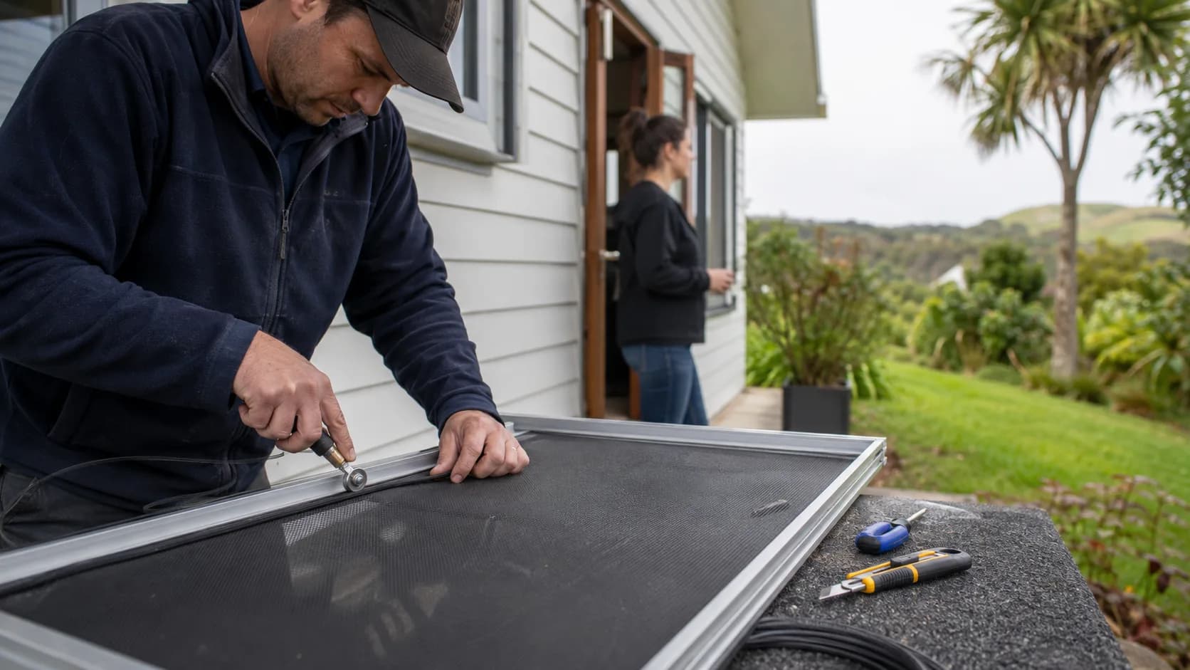 A flyscreen fitter resplining a panel at the van in New Zealand