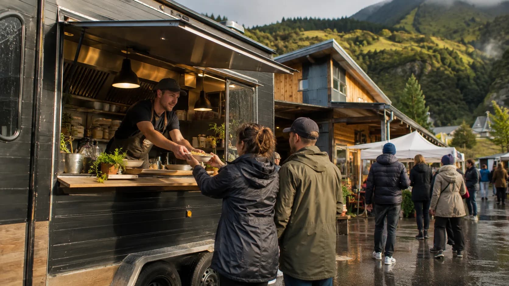 New Zealand food truck serving customers after rain at a hill market