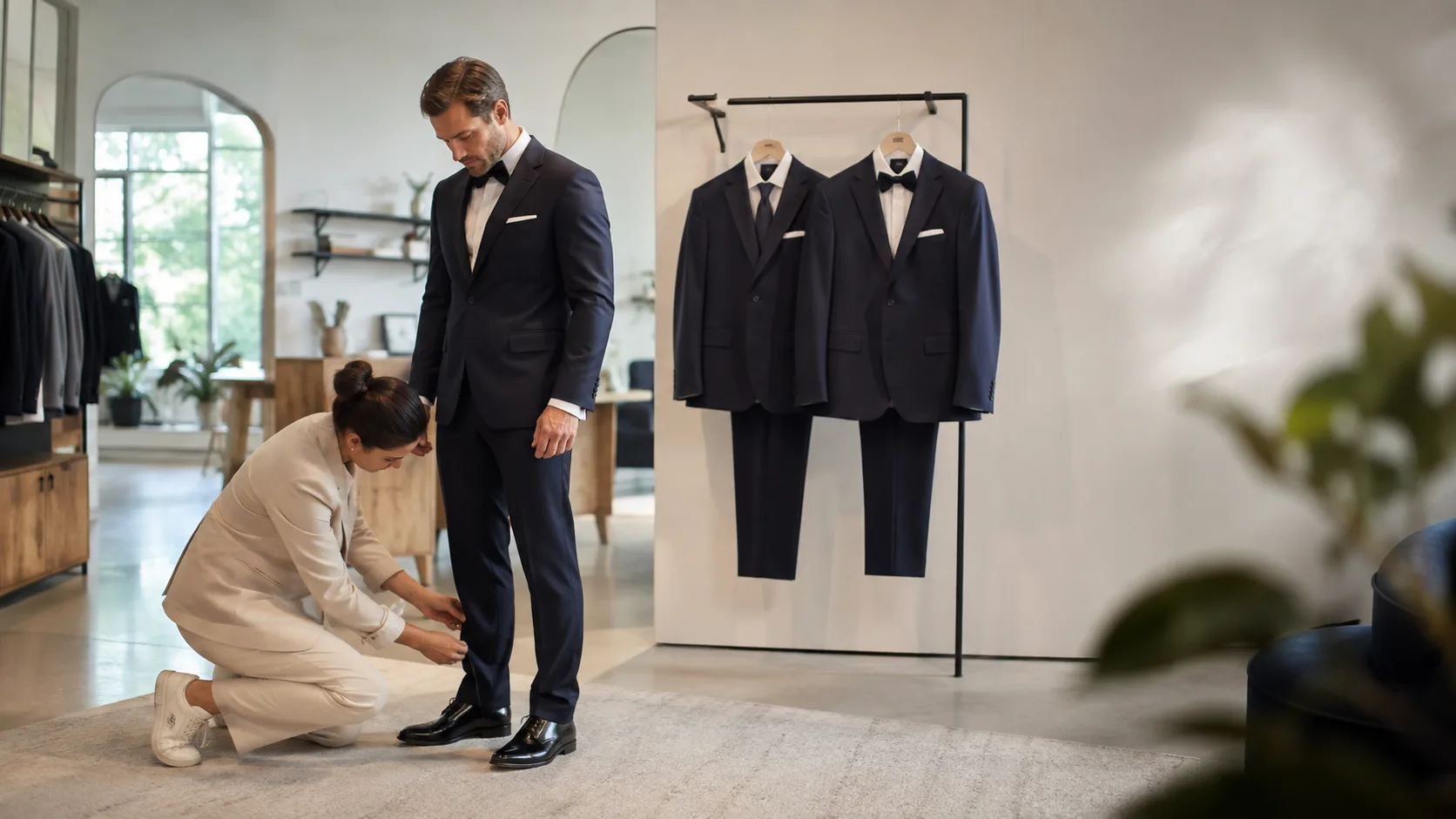 Assistant preparing formal outfits in a New Zealand hire boutique
