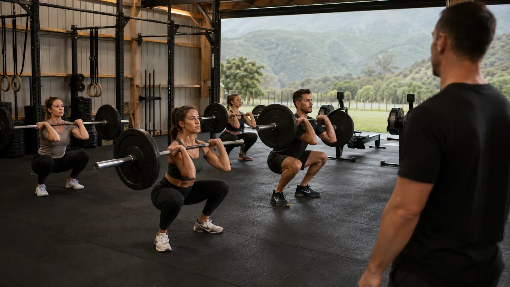 Athletes lifting between racks in a timber-framed gym on a wet New Zealand morning