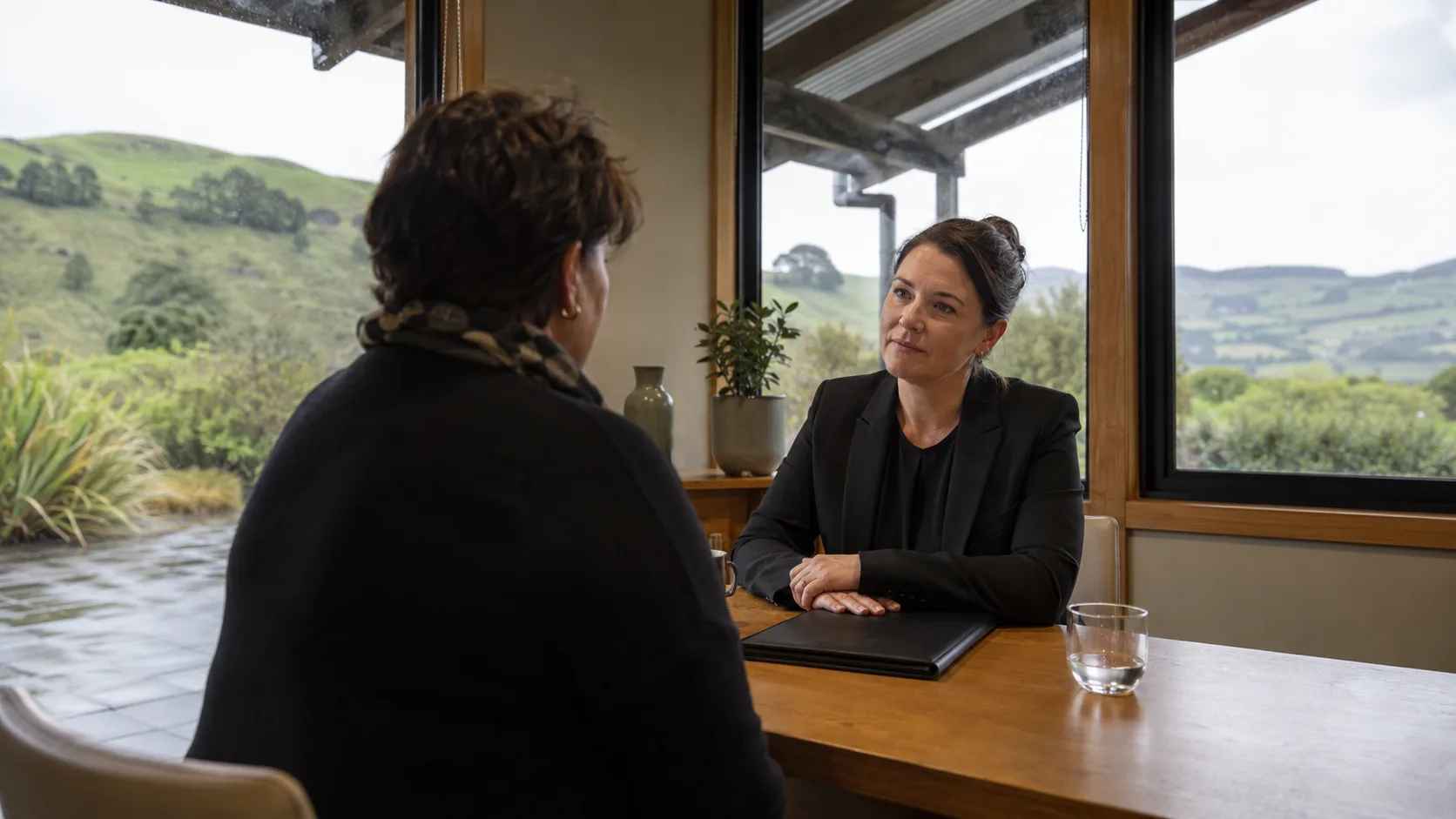 A funeral director listens during a private family appointment in New Zealand