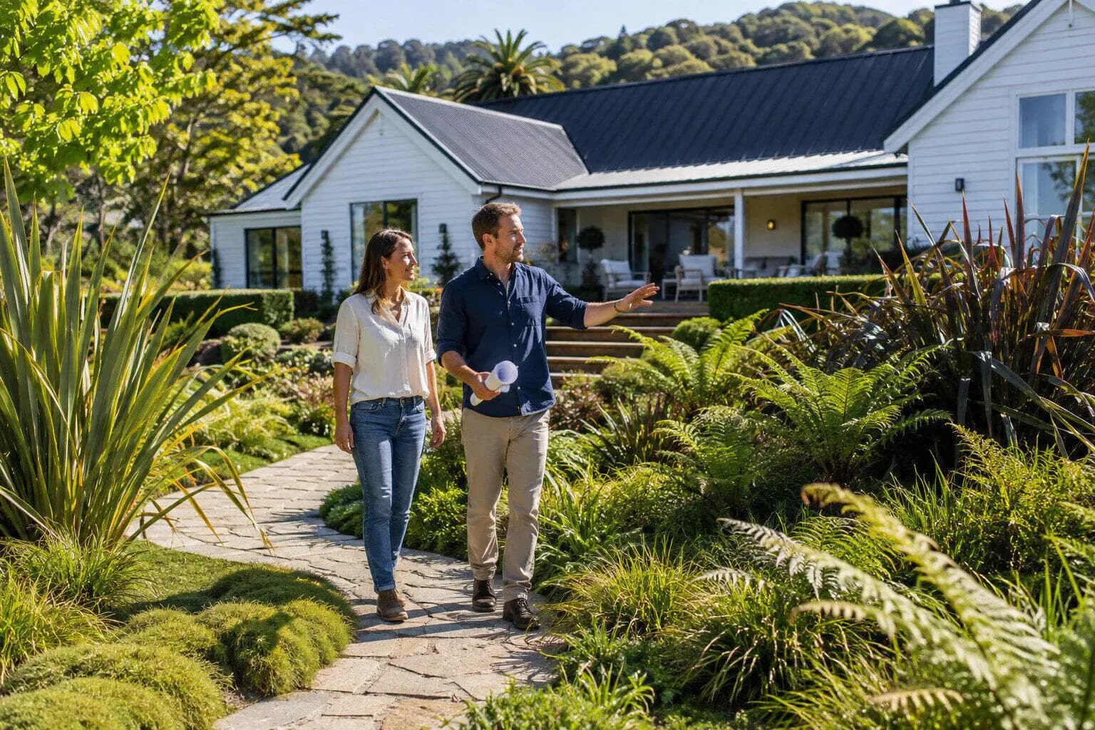 A garden designer setting out a planting plan for a garden in New Zealand