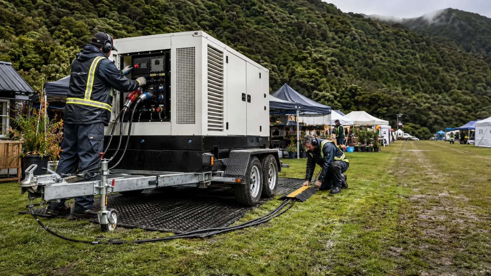 Crew connecting event power from a generator in New Zealand