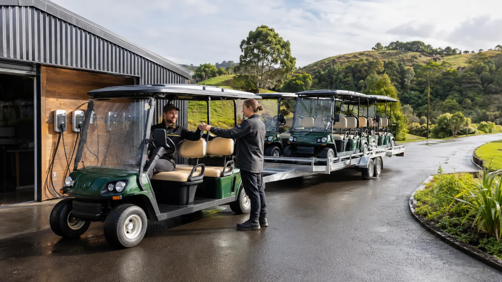 Crew preparing golf carts during a service handover at a New Zealand resort