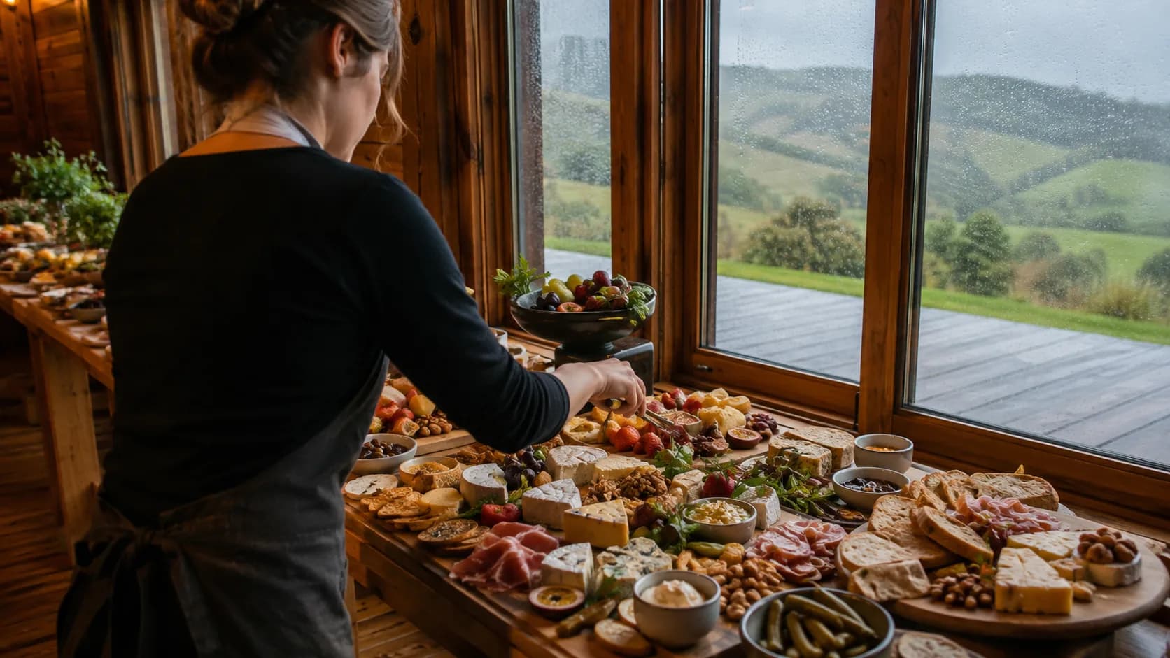 New Zealand platter caterer arranging food inside a rainy timber lodge