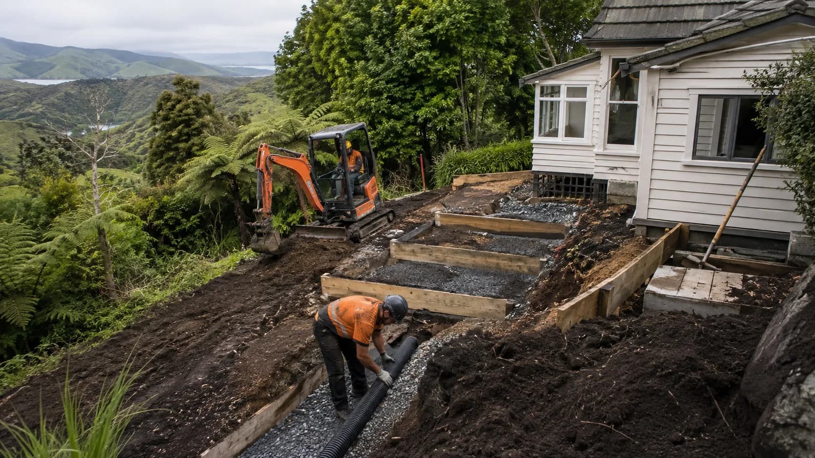 An excavator cutting a footing trench on a site in New Zealand