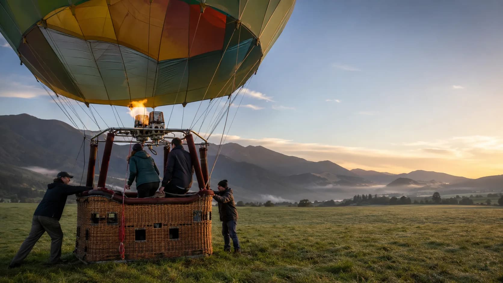 A balloon inflates at dawn on a New Zealand plain with the ranges behind it