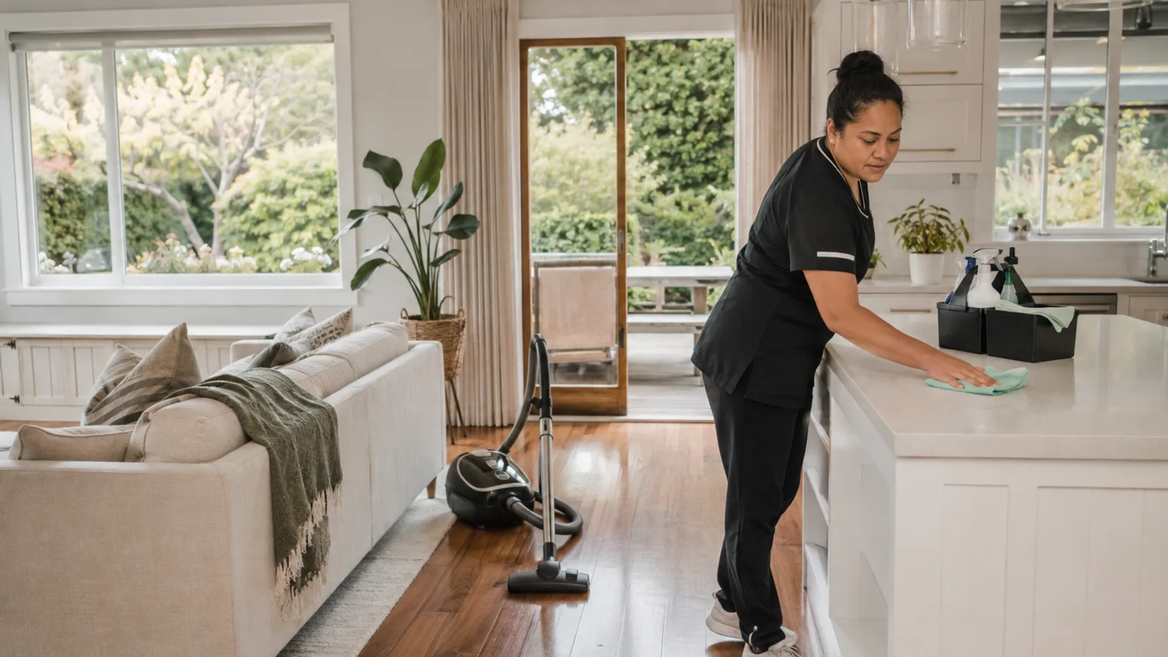 A housekeeper cleaning a kitchen in a home in New Zealand
