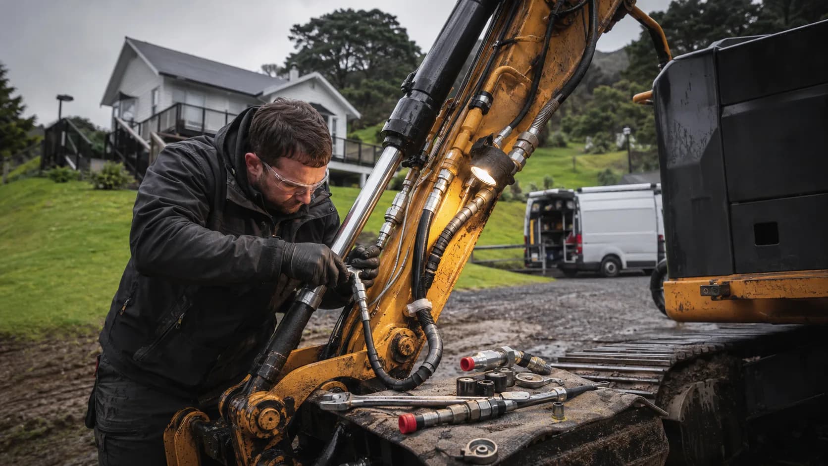 A mobile hose fitter crimping a hose beside a stopped machine in New Zealand