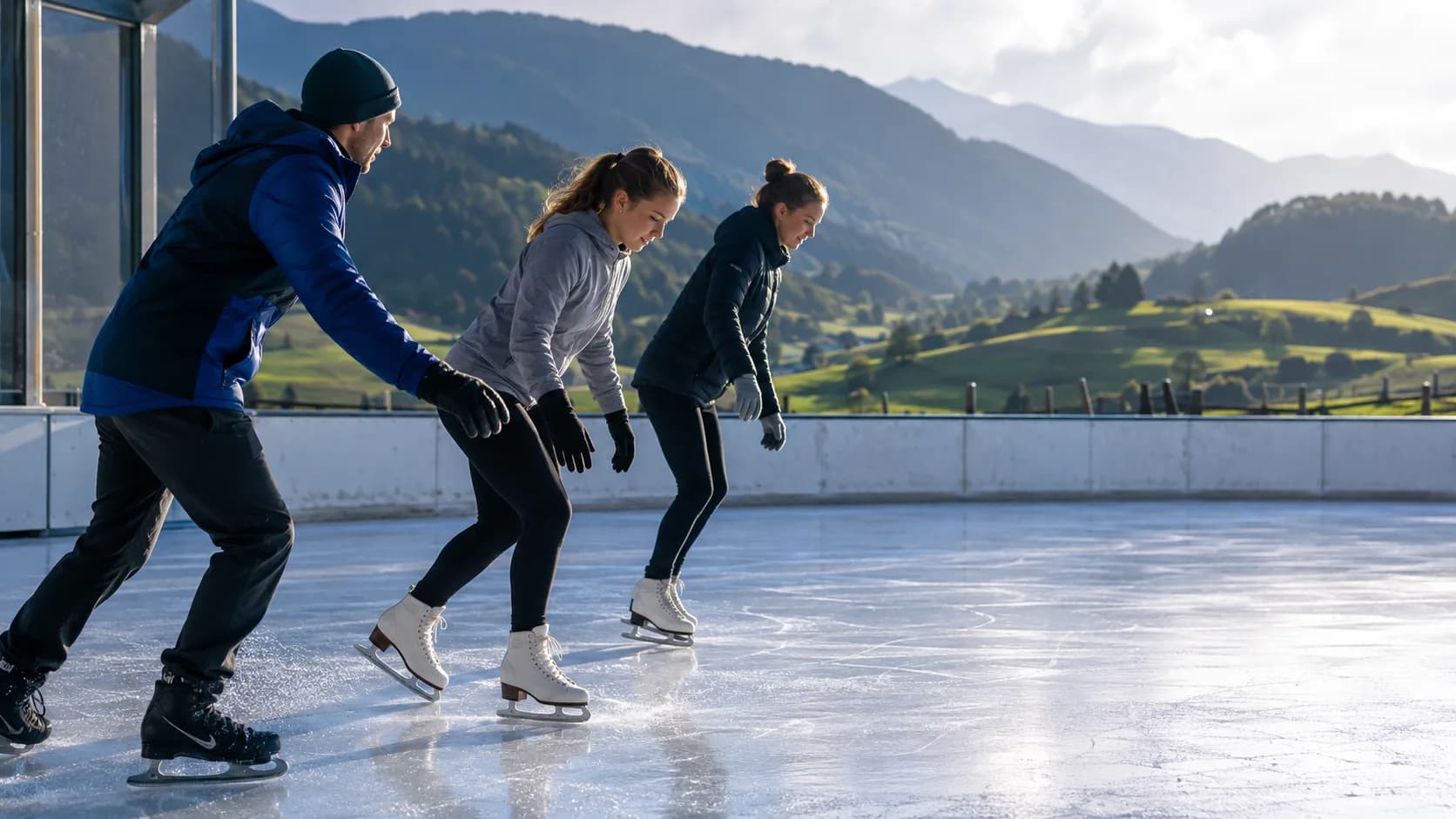 Skaters circle an indoor rink at a New Zealand ice sports centre