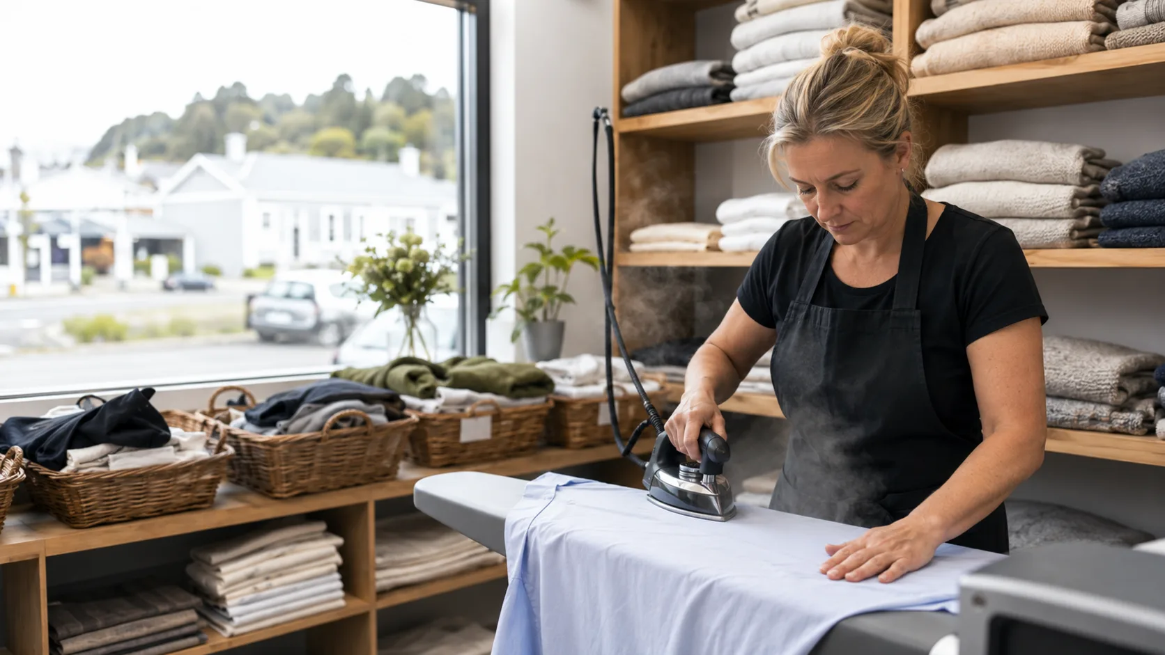 Pressed shirts bagged for a laundry round in New Zealand