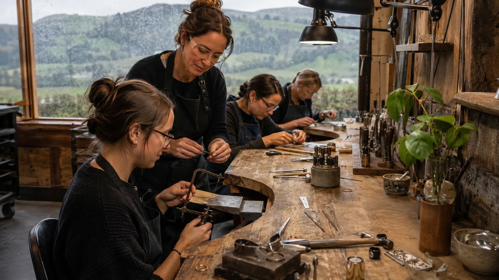 A tutor watches a maker file a silver ring at a New Zealand studio bench