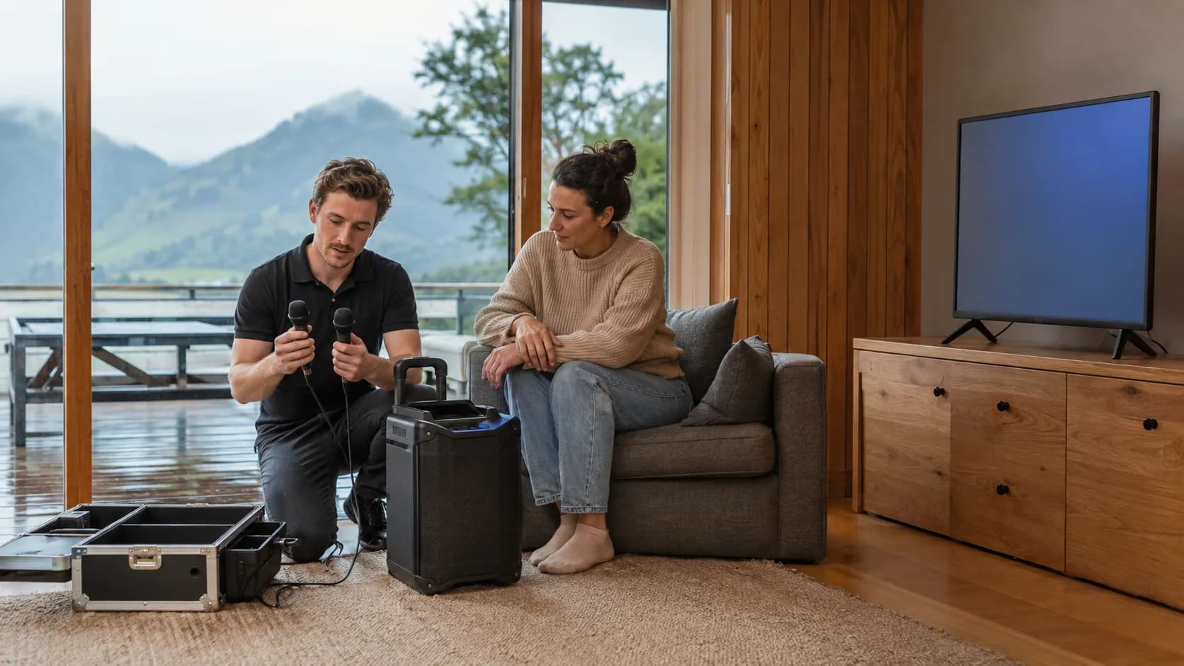 Customer checking a karaoke system inside a New Zealand holiday home